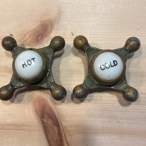 Vintage Antique Solid Brass Metal Water Faucet HOT COLD porcelain handles bath